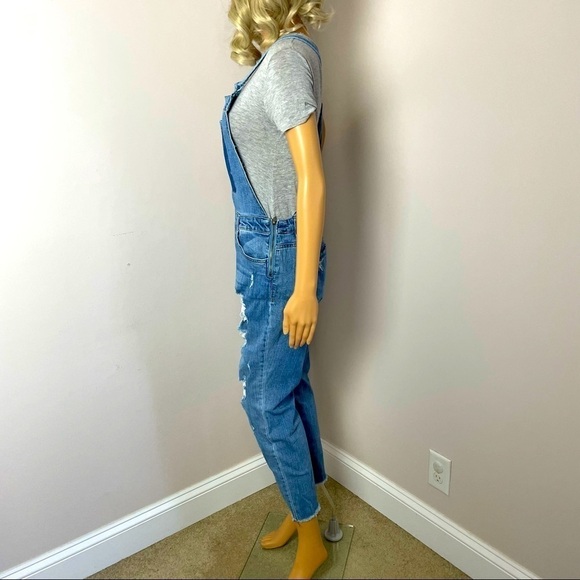 Almost Famous Distressed Cropped Overalls – Blue, Size 7 - Picture 7 of 12